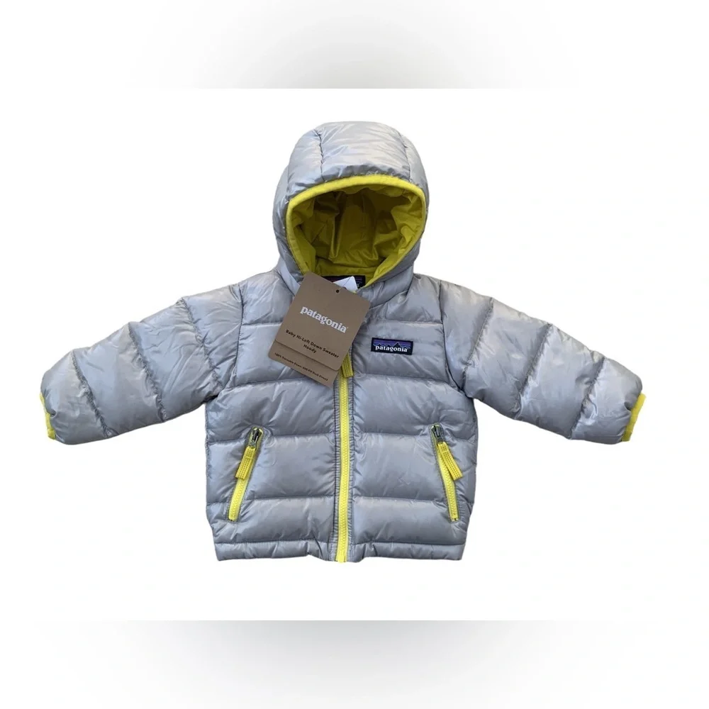 Patagonia NWT Size 3-6 Months Baby Hi-Loft Down Sweater Hoody Grey Puffer Coat